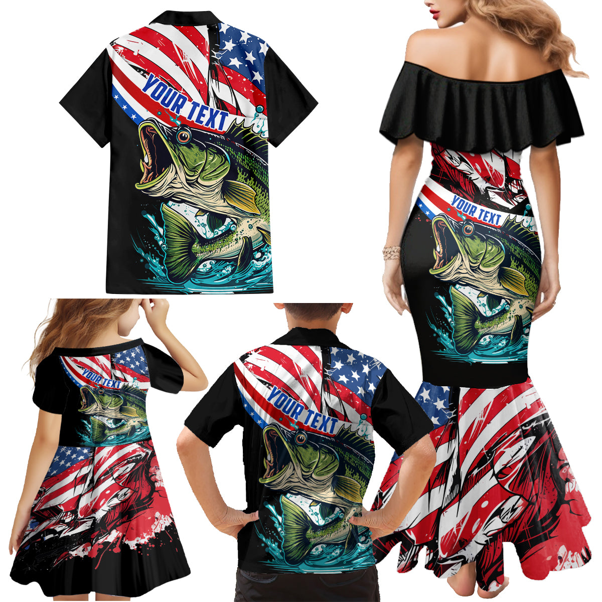Personalized Bass Fishing Family Matching Mermaid Dress and Hawaiian Shirt With American Flag - Wonder Print Shop