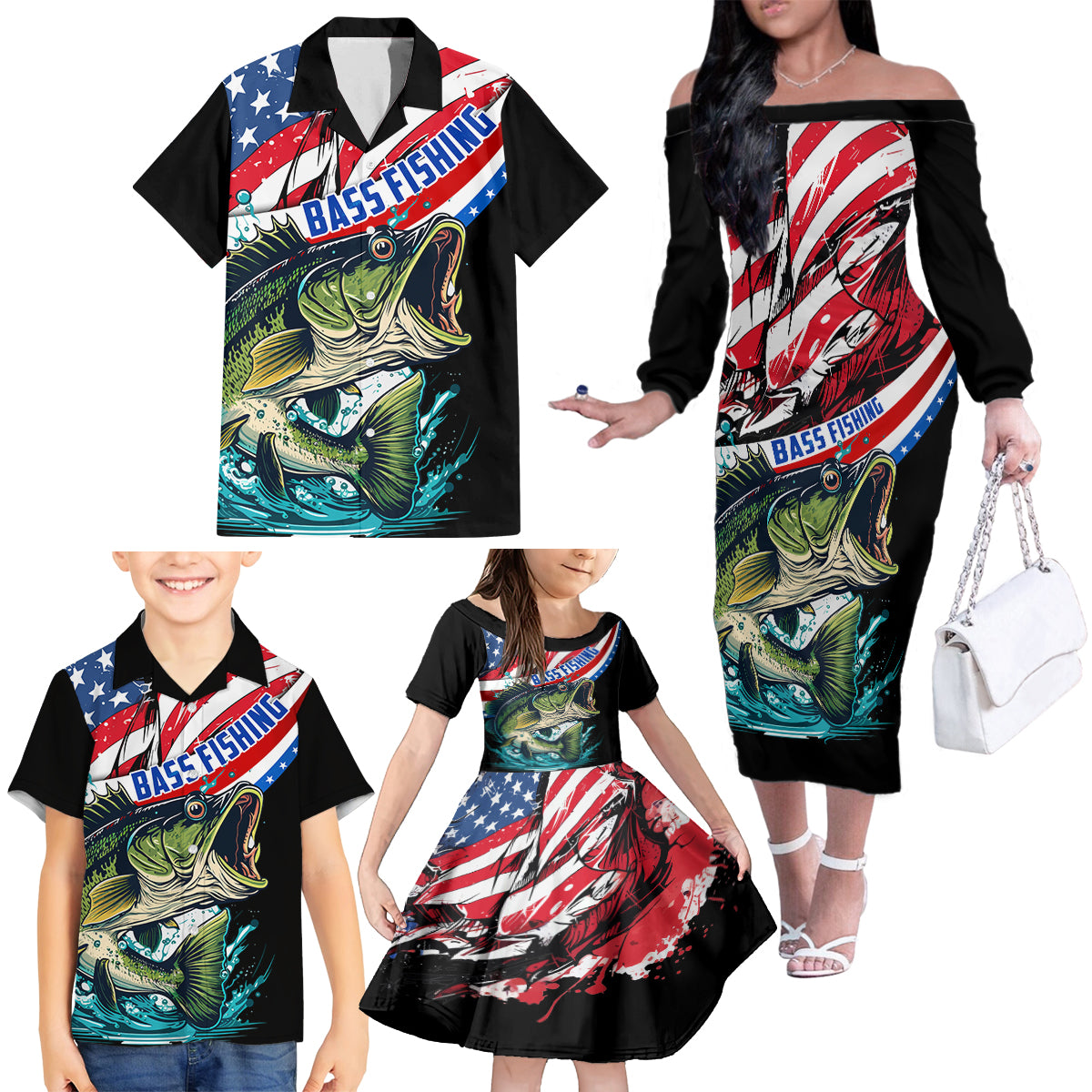 Personalized Bass Fishing Family Matching Off The Shoulder Long Sleeve Dress and Hawaiian Shirt With American Flag - Wonder Print Shop