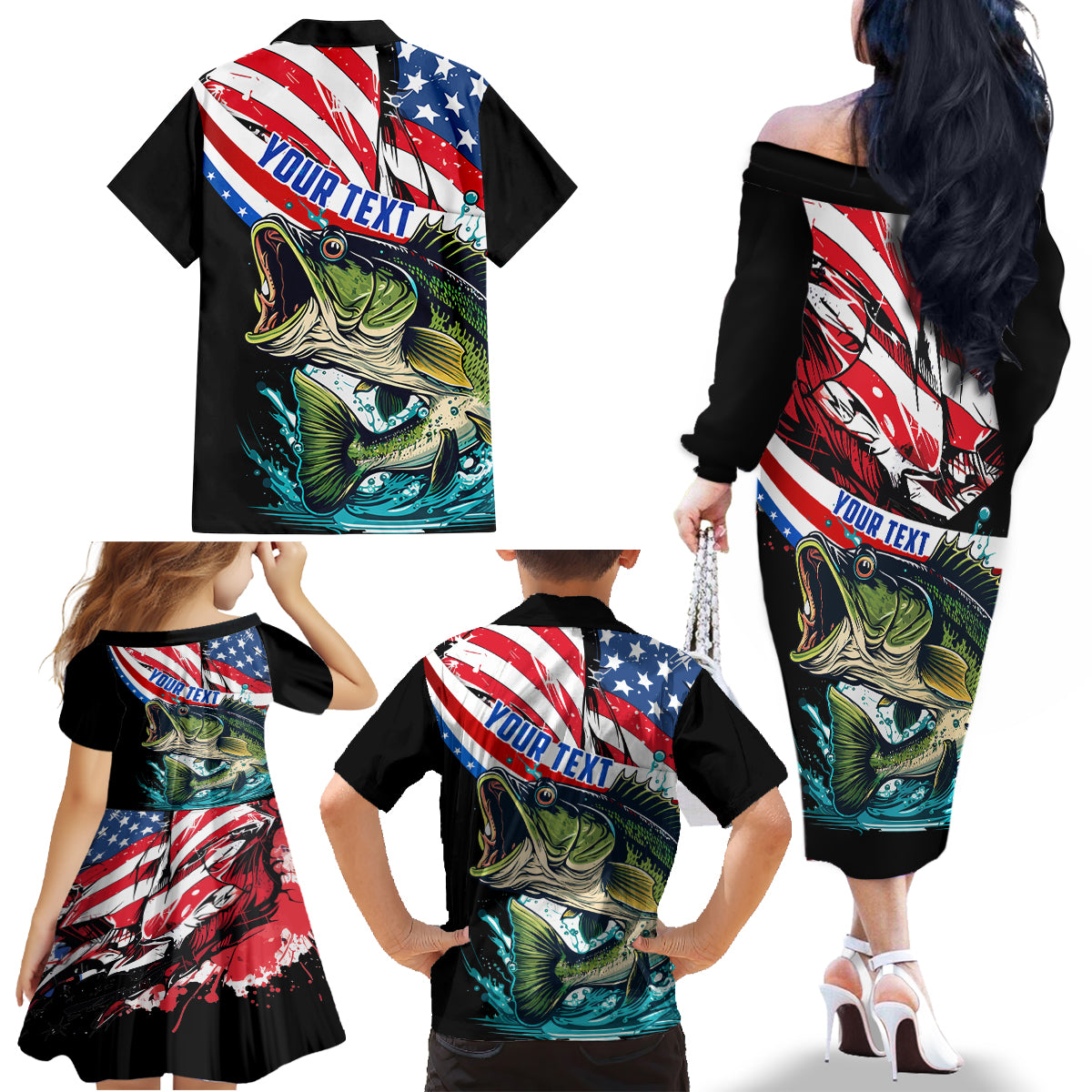 Personalized Bass Fishing Family Matching Off The Shoulder Long Sleeve Dress and Hawaiian Shirt With American Flag - Wonder Print Shop