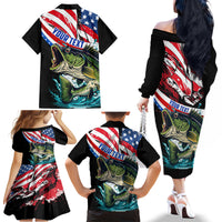 Personalized Bass Fishing Family Matching Off The Shoulder Long Sleeve Dress and Hawaiian Shirt With American Flag - Wonder Print Shop