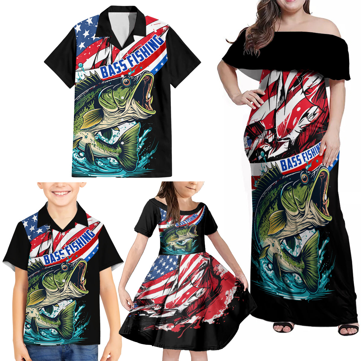 Personalized Bass Fishing Family Matching Off Shoulder Maxi Dress and Hawaiian Shirt With American Flag - Wonder Print Shop