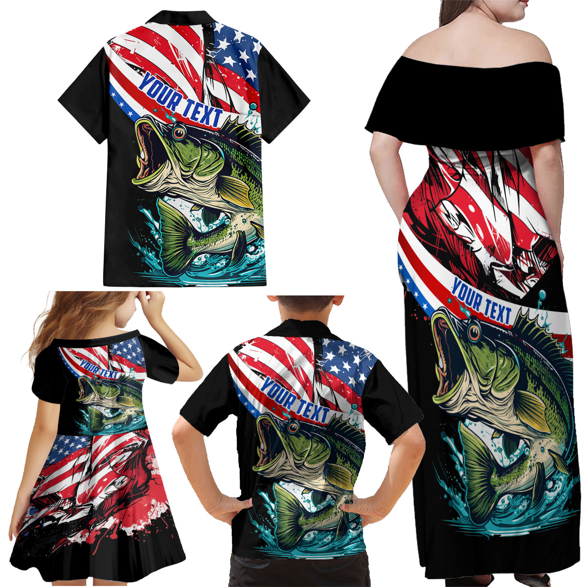 Personalized Bass Fishing Family Matching Off Shoulder Maxi Dress and Hawaiian Shirt With American Flag - Wonder Print Shop