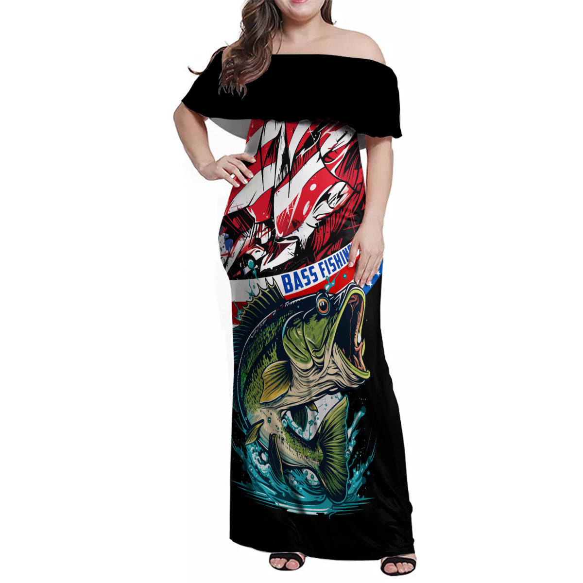 Personalized Bass Fishing Family Matching Off Shoulder Maxi Dress and Hawaiian Shirt With American Flag - Wonder Print Shop