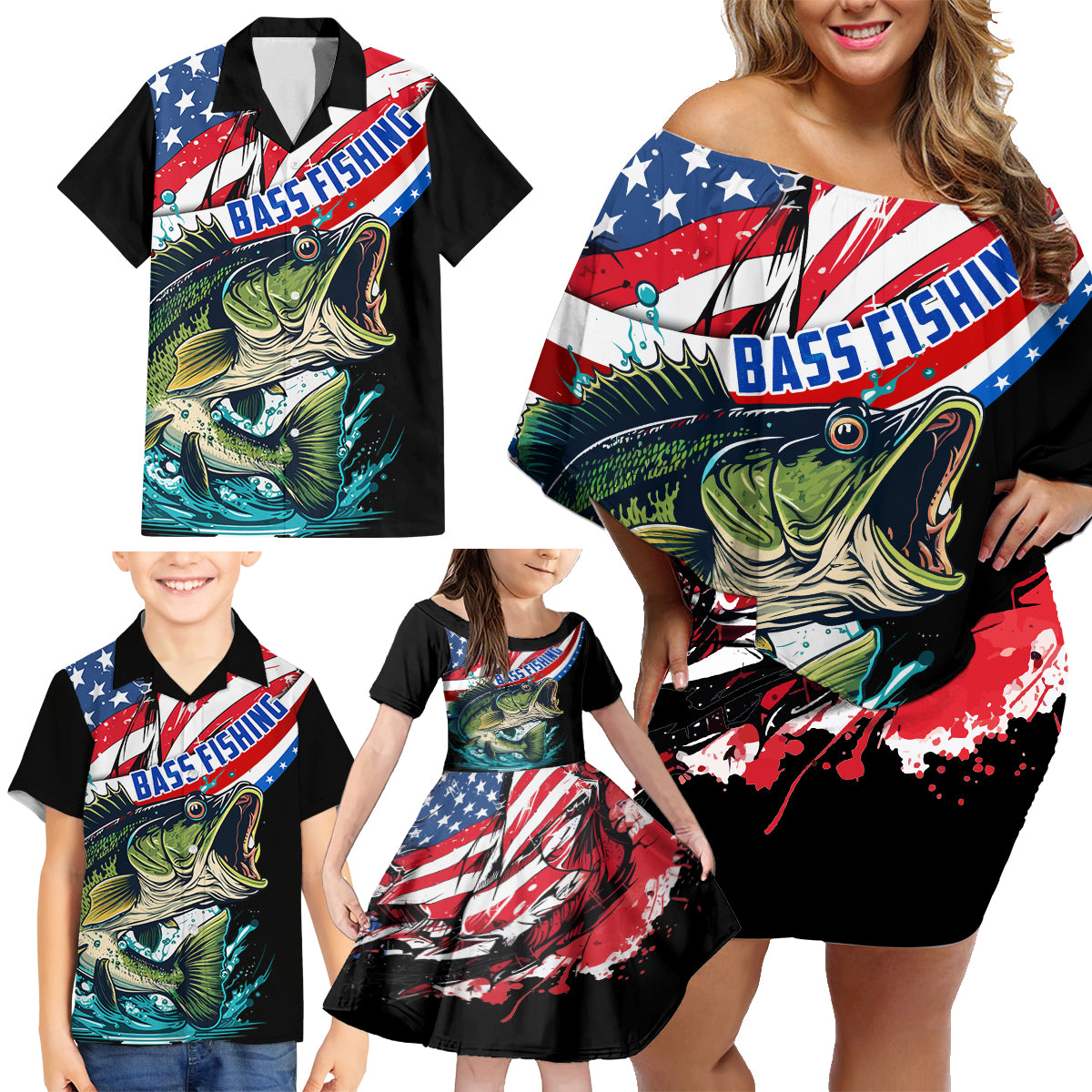 Personalized Bass Fishing Family Matching Off Shoulder Short Dress and Hawaiian Shirt With American Flag - Wonder Print Shop