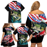 Personalized Bass Fishing Family Matching Off Shoulder Short Dress and Hawaiian Shirt With American Flag - Wonder Print Shop