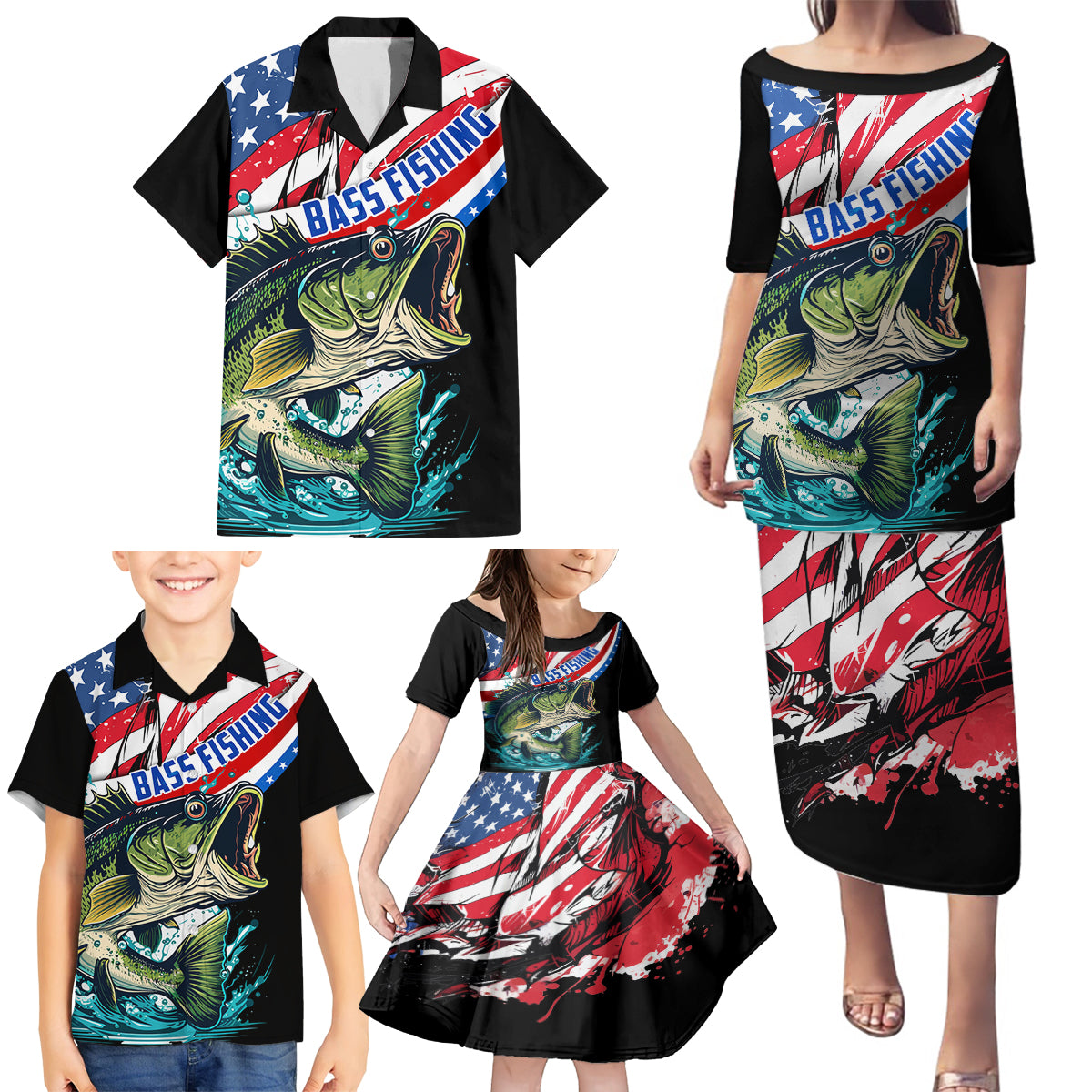 Personalized Bass Fishing Family Matching Puletasi and Hawaiian Shirt With American Flag - Wonder Print Shop