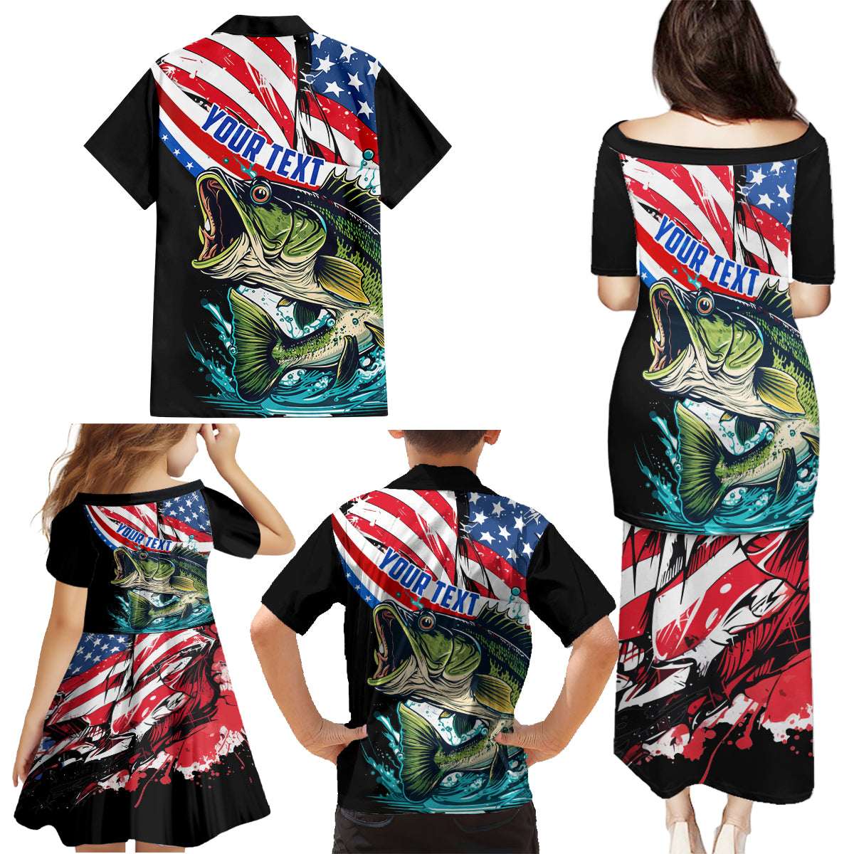 Personalized Bass Fishing Family Matching Puletasi and Hawaiian Shirt With American Flag - Wonder Print Shop