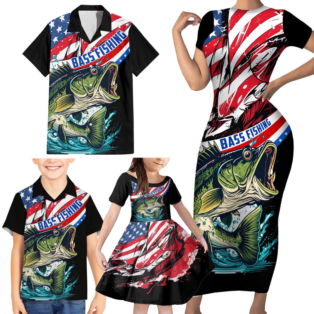 Personalized Bass Fishing Family Matching Short Sleeve Bodycon Dress and Hawaiian Shirt With American Flag - Wonder Print Shop