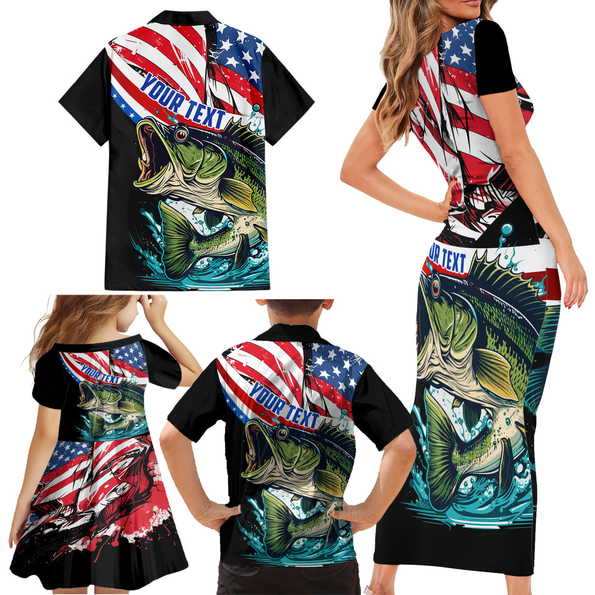 Personalized Bass Fishing Family Matching Short Sleeve Bodycon Dress and Hawaiian Shirt With American Flag - Wonder Print Shop