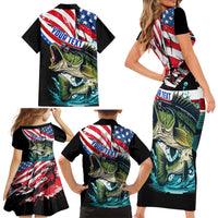 Personalized Bass Fishing Family Matching Short Sleeve Bodycon Dress and Hawaiian Shirt With American Flag - Wonder Print Shop