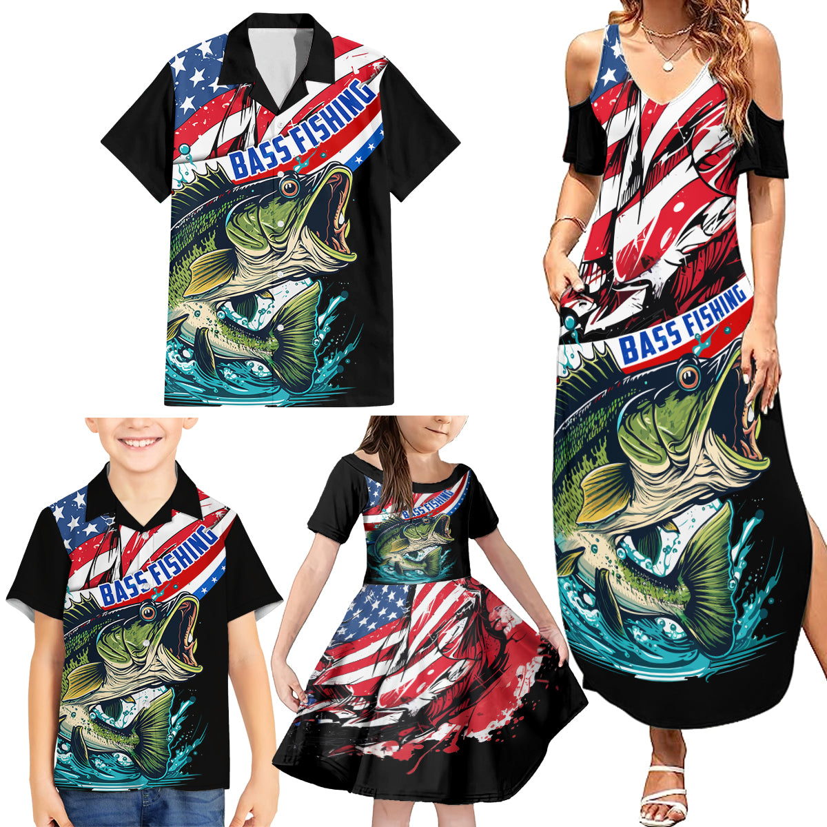 Personalized Bass Fishing Family Matching Summer Maxi Dress and Hawaiian Shirt With American Flag - Wonder Print Shop