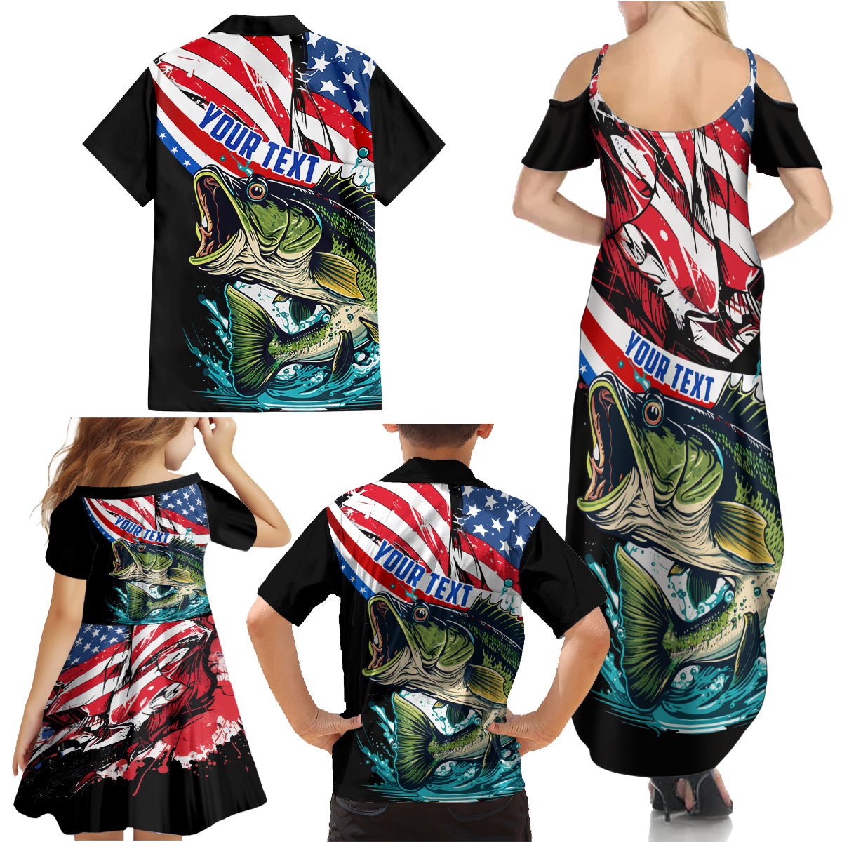 Personalized Bass Fishing Family Matching Summer Maxi Dress and Hawaiian Shirt With American Flag - Wonder Print Shop