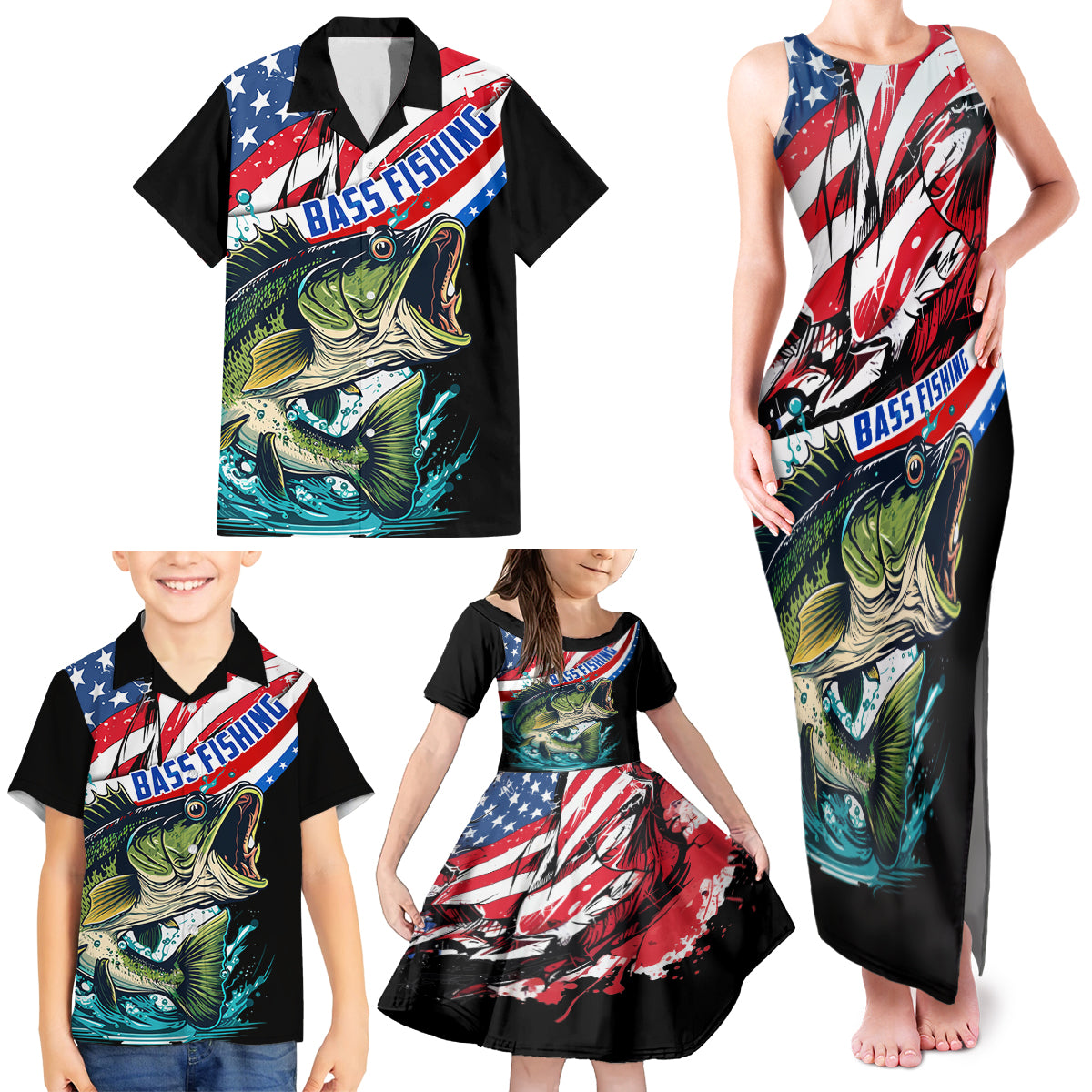 Personalized Bass Fishing Family Matching Tank Maxi Dress and Hawaiian Shirt With American Flag - Wonder Print Shop