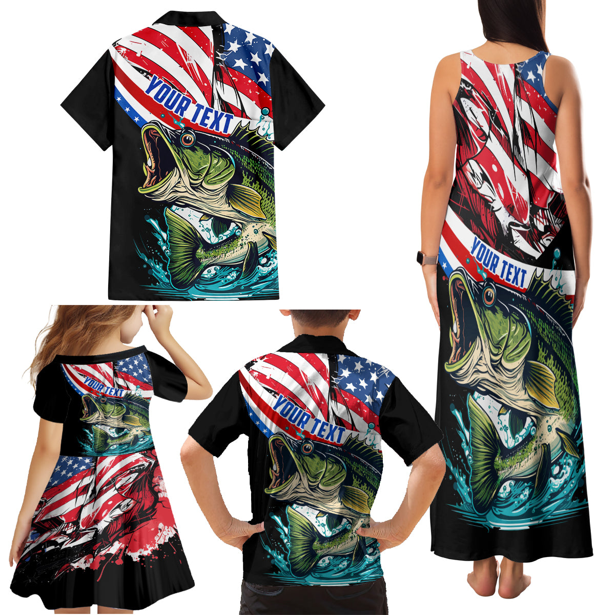 Personalized Bass Fishing Family Matching Tank Maxi Dress and Hawaiian Shirt With American Flag - Wonder Print Shop