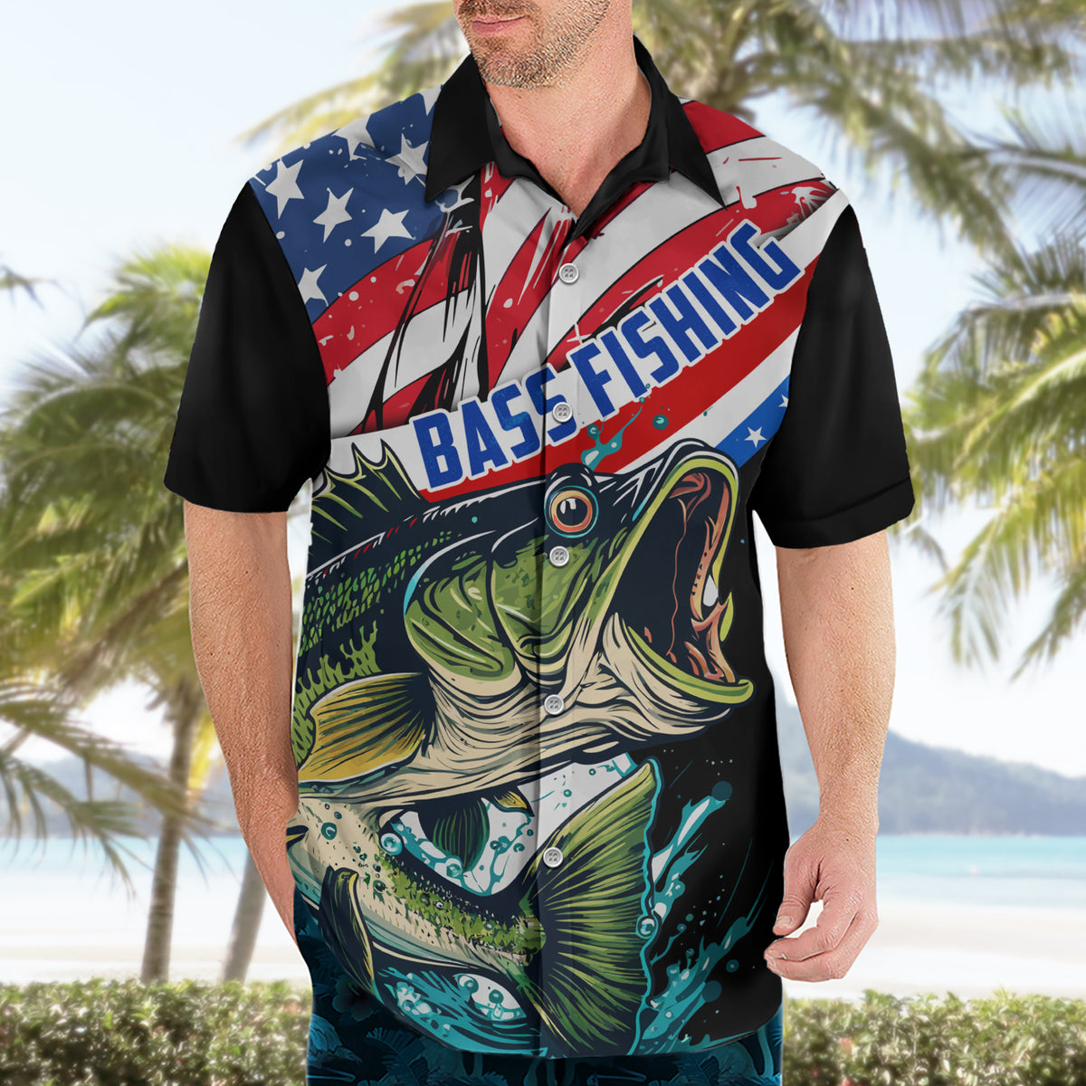 Personalized Bass Fishing Hawaiian Shirt With American Flag - Wonder Print Shop