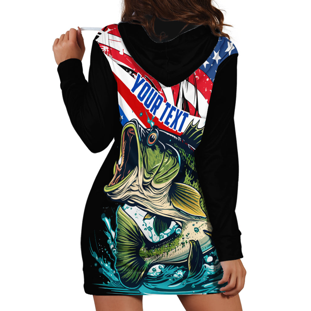 Personalized Bass Fishing Hoodie Dress With American Flag - Wonder Print Shop