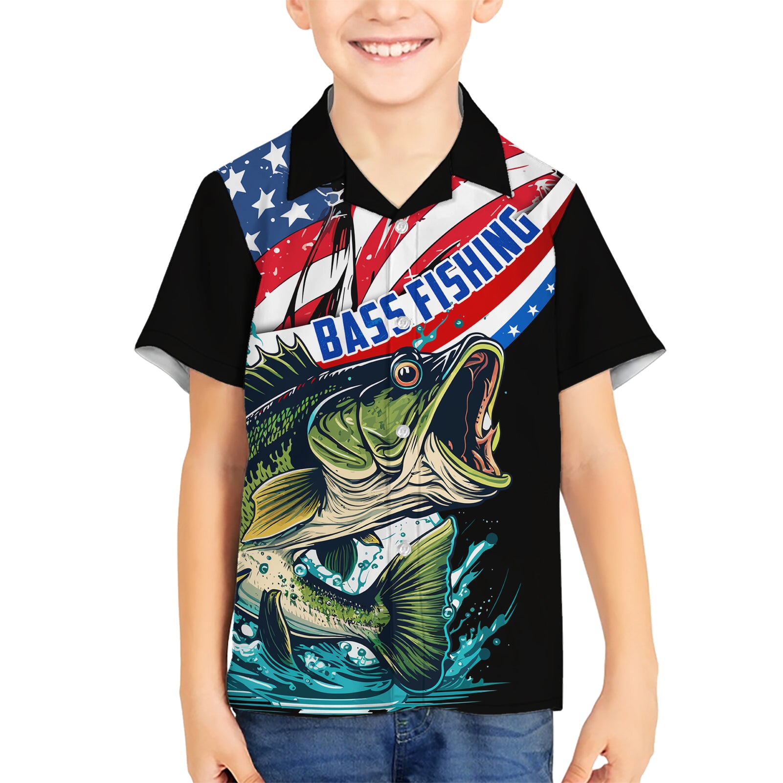 Personalized Bass Fishing Kid Hawaiian Shirt With American Flag - Wonder Print Shop