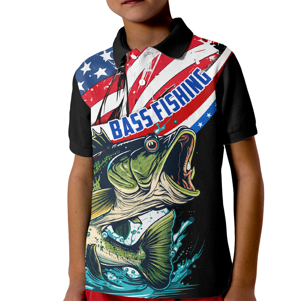 Personalized Bass Fishing Kid Polo Shirt With American Flag - Wonder Print Shop