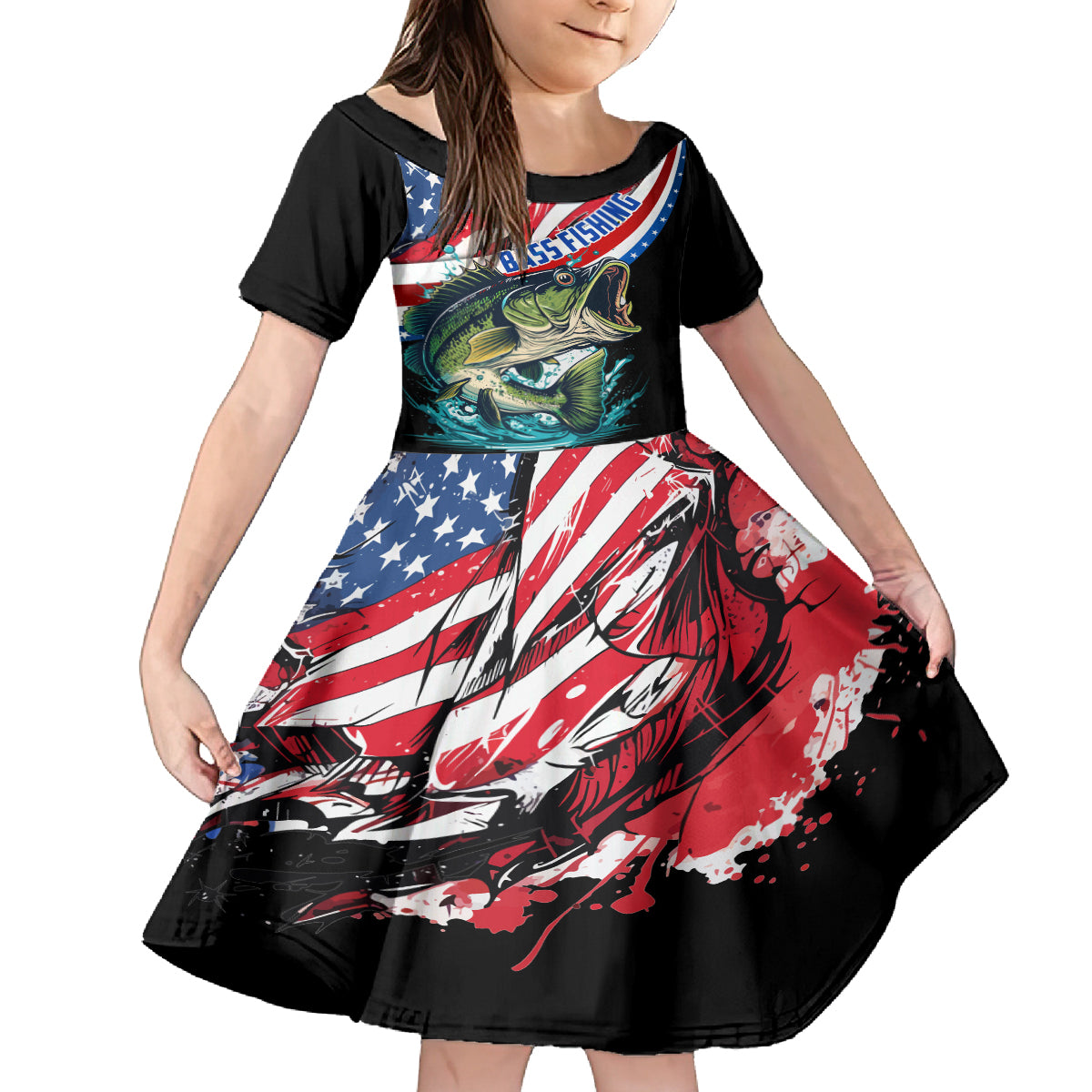 Personalized Bass Fishing Kid Short Sleeve Dress With American Flag - Wonder Print Shop