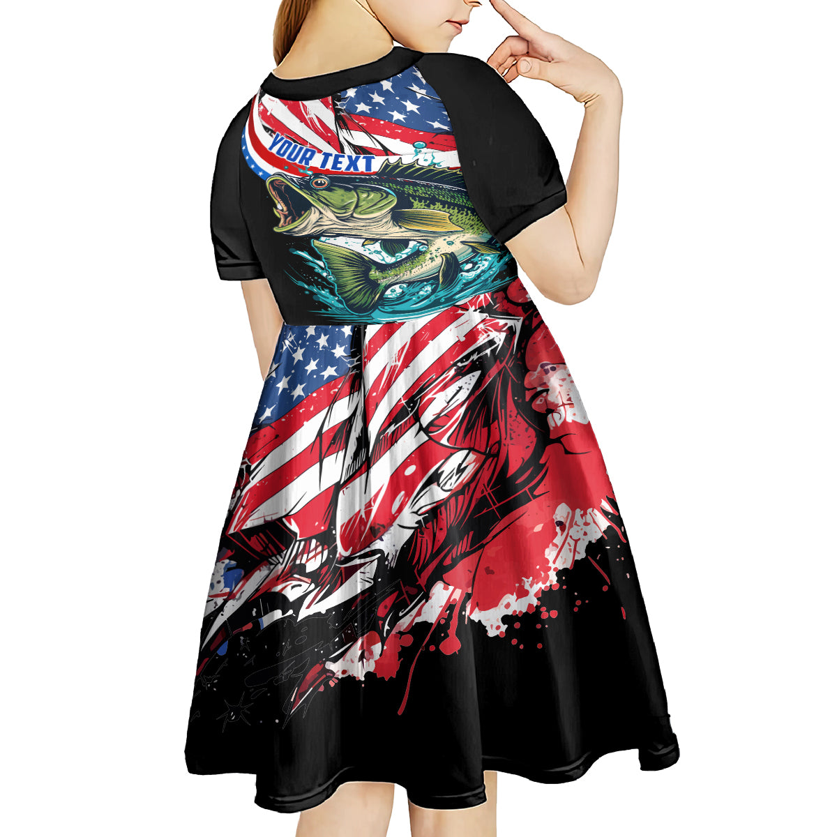 Personalized Bass Fishing Kid Short Sleeve Dress With American Flag - Wonder Print Shop