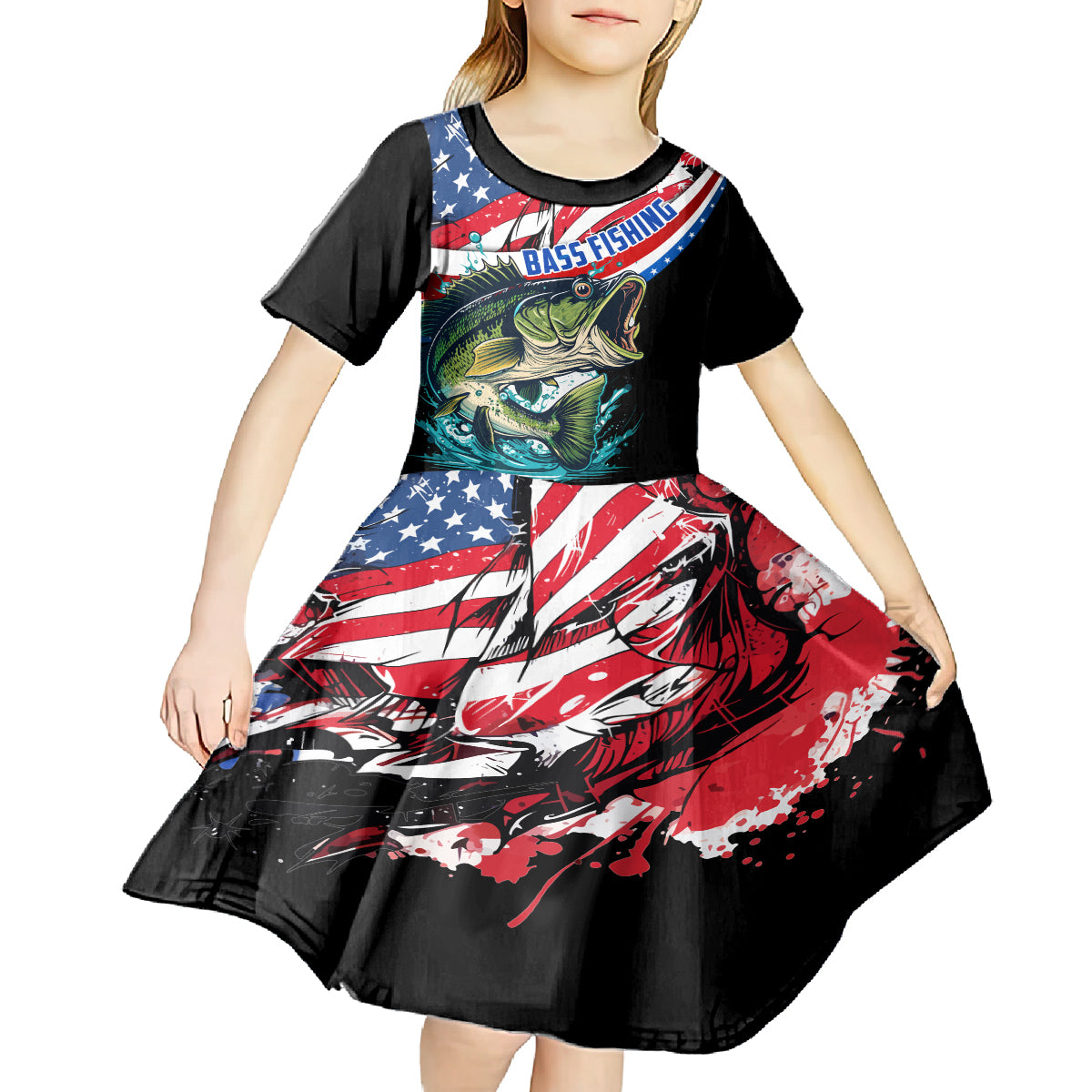 Personalized Bass Fishing Kid Short Sleeve Dress With American Flag - Wonder Print Shop