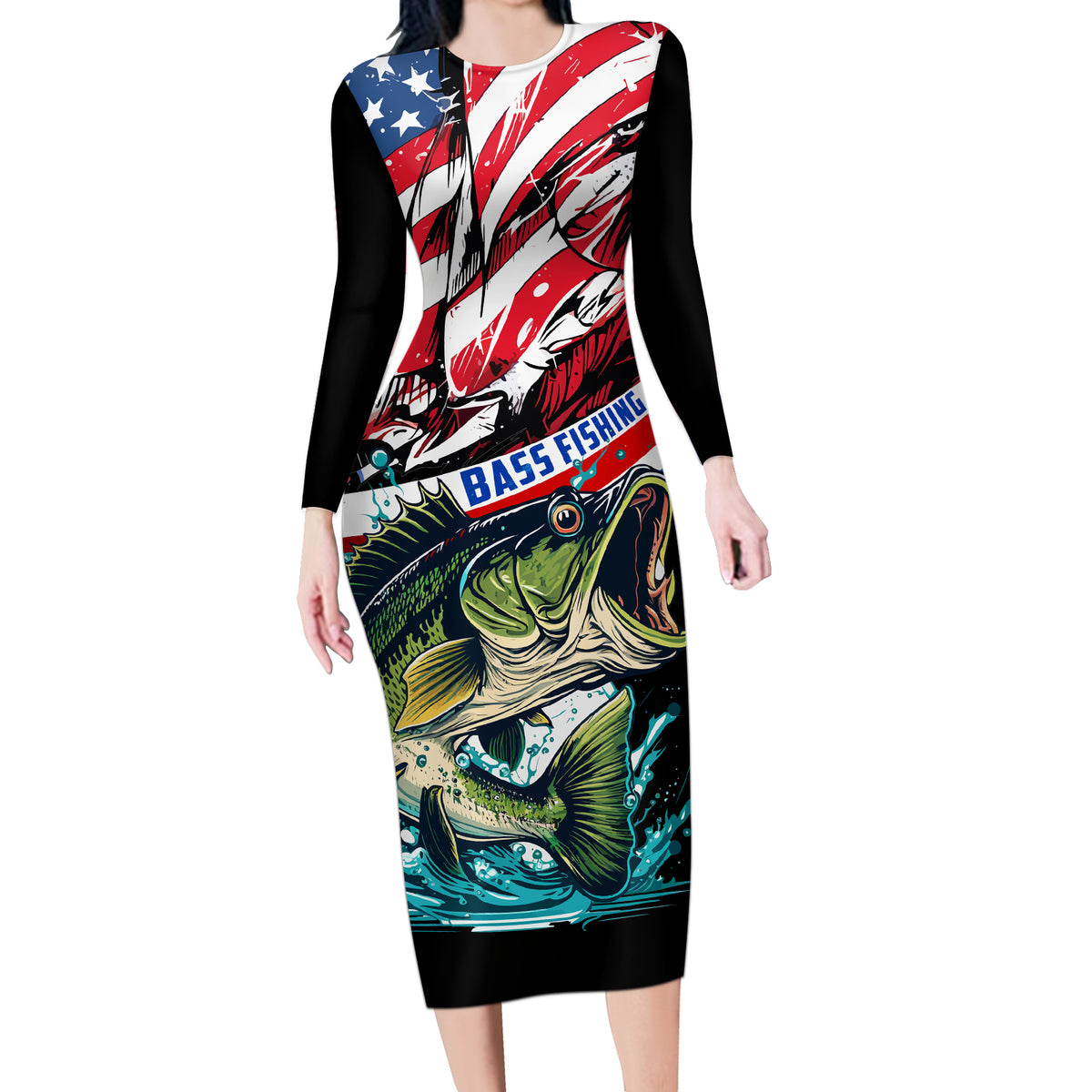 Personalized Bass Fishing Long Sleeve Bodycon Dress With American Flag - Wonder Print Shop
