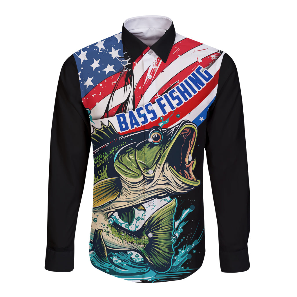 Personalized Bass Fishing Long Sleeve Button Shirt With American Flag - Wonder Print Shop