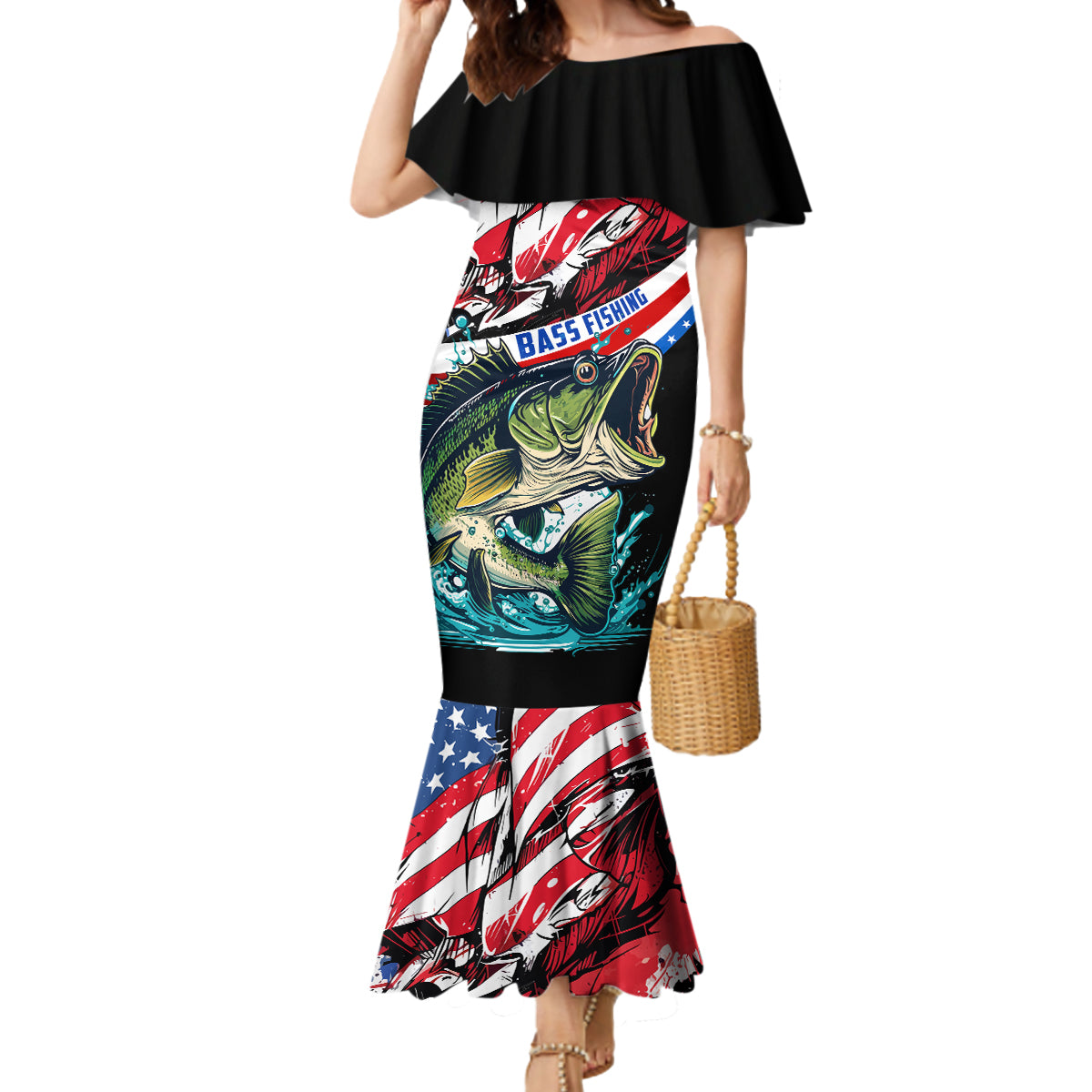 Personalized Bass Fishing Mermaid Dress With American Flag - Wonder Print Shop