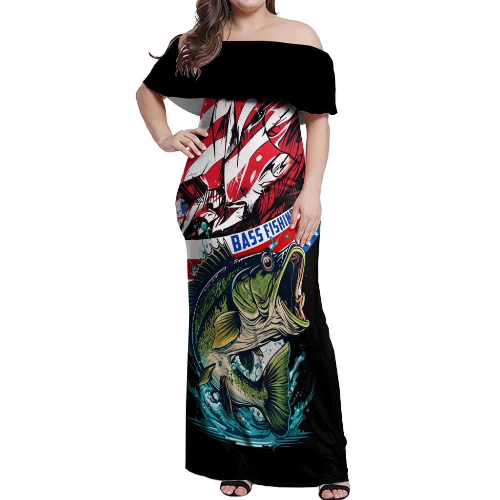 Personalized Bass Fishing Off Shoulder Maxi Dress With American Flag - Wonder Print Shop