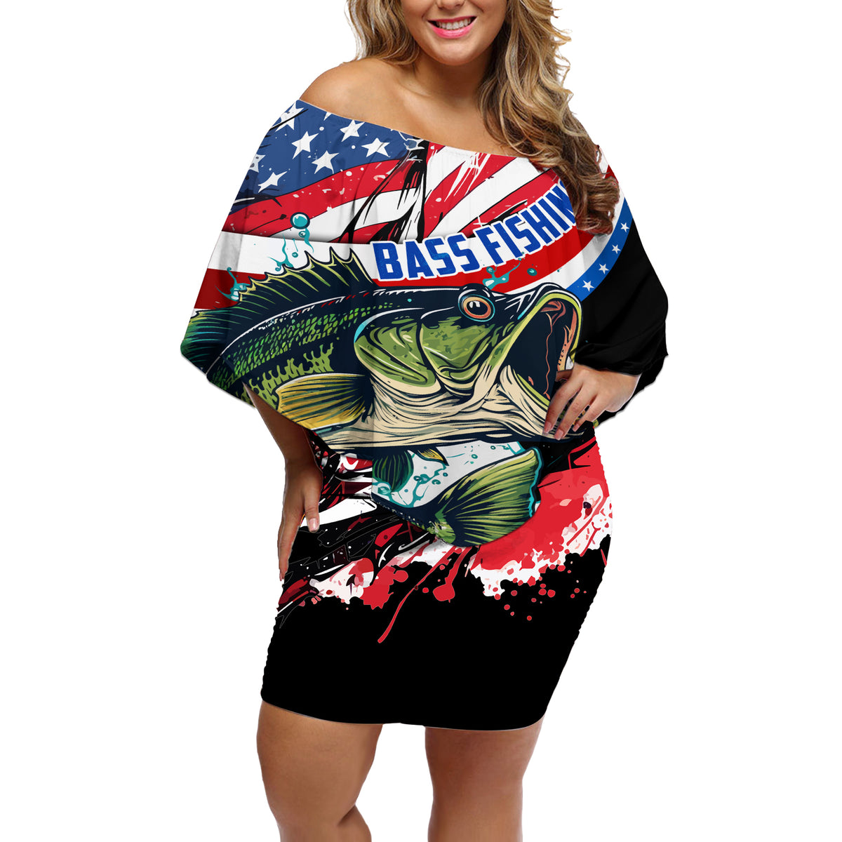 Personalized Bass Fishing Off Shoulder Short Dress With American Flag - Wonder Print Shop