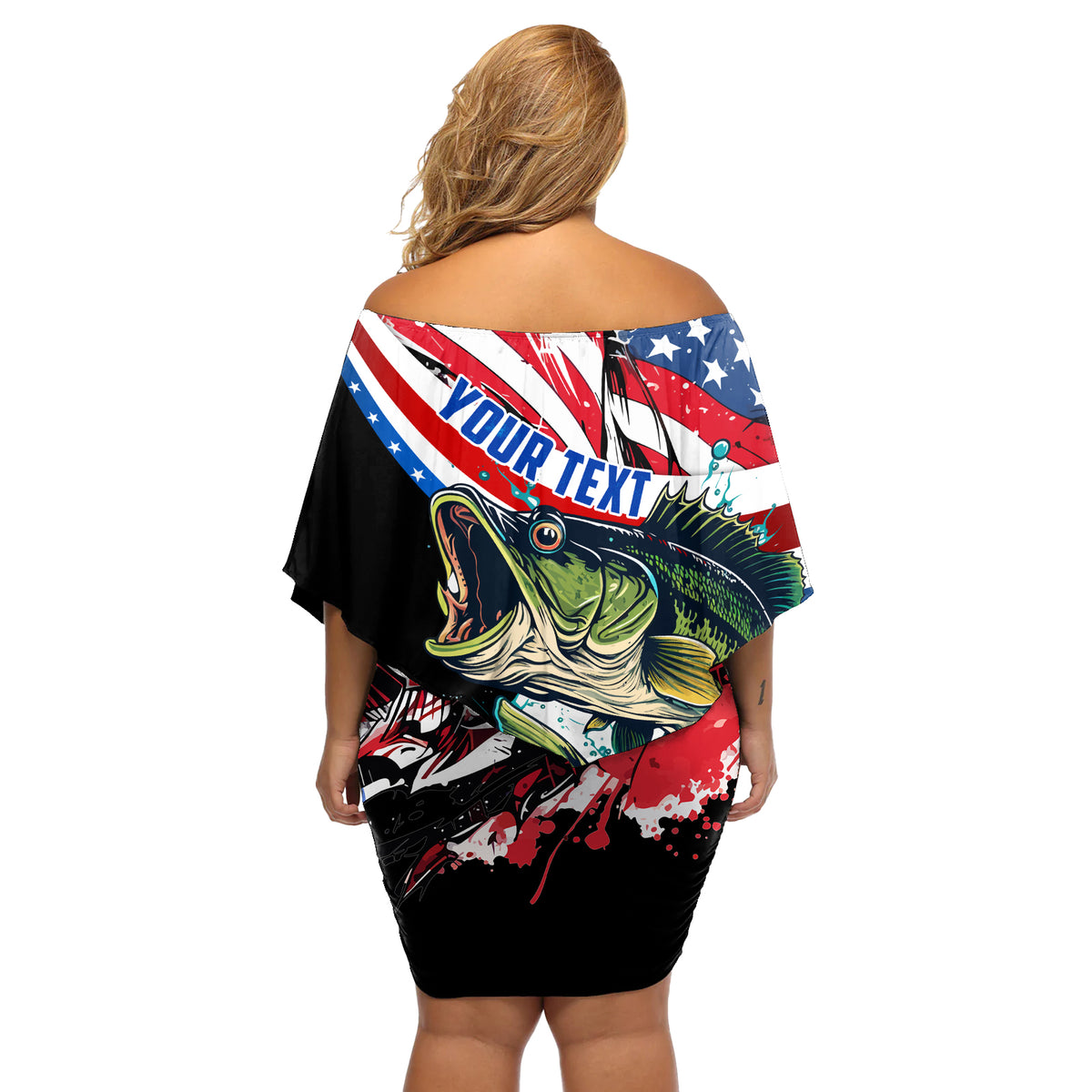 Personalized Bass Fishing Off Shoulder Short Dress With American Flag - Wonder Print Shop