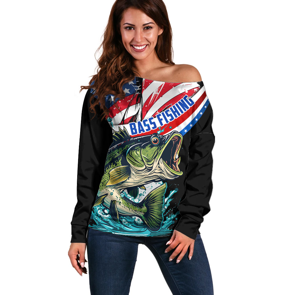 Personalized Bass Fishing Off Shoulder Sweater With American Flag - Wonder Print Shop