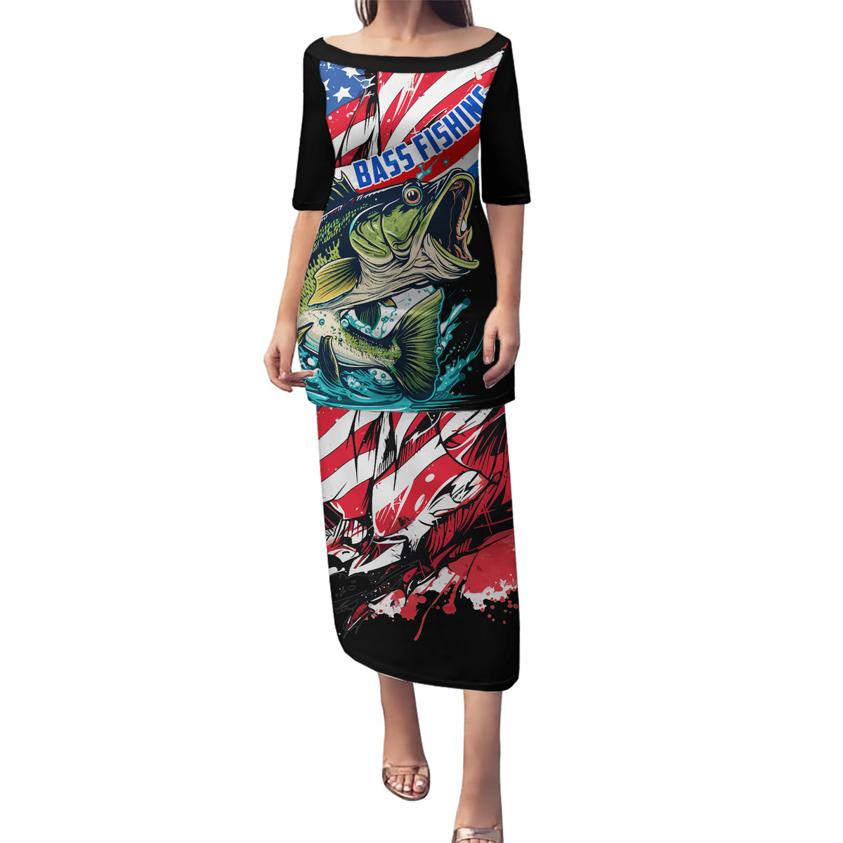 Personalized Bass Fishing Puletasi With American Flag - Wonder Print Shop
