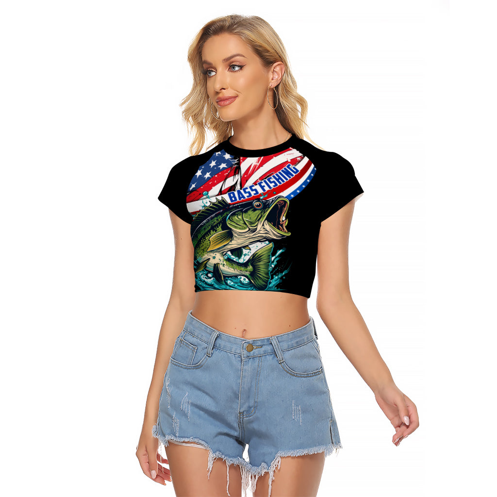 Personalized Bass Fishing Raglan Cropped T Shirt With American Flag - Wonder Print Shop