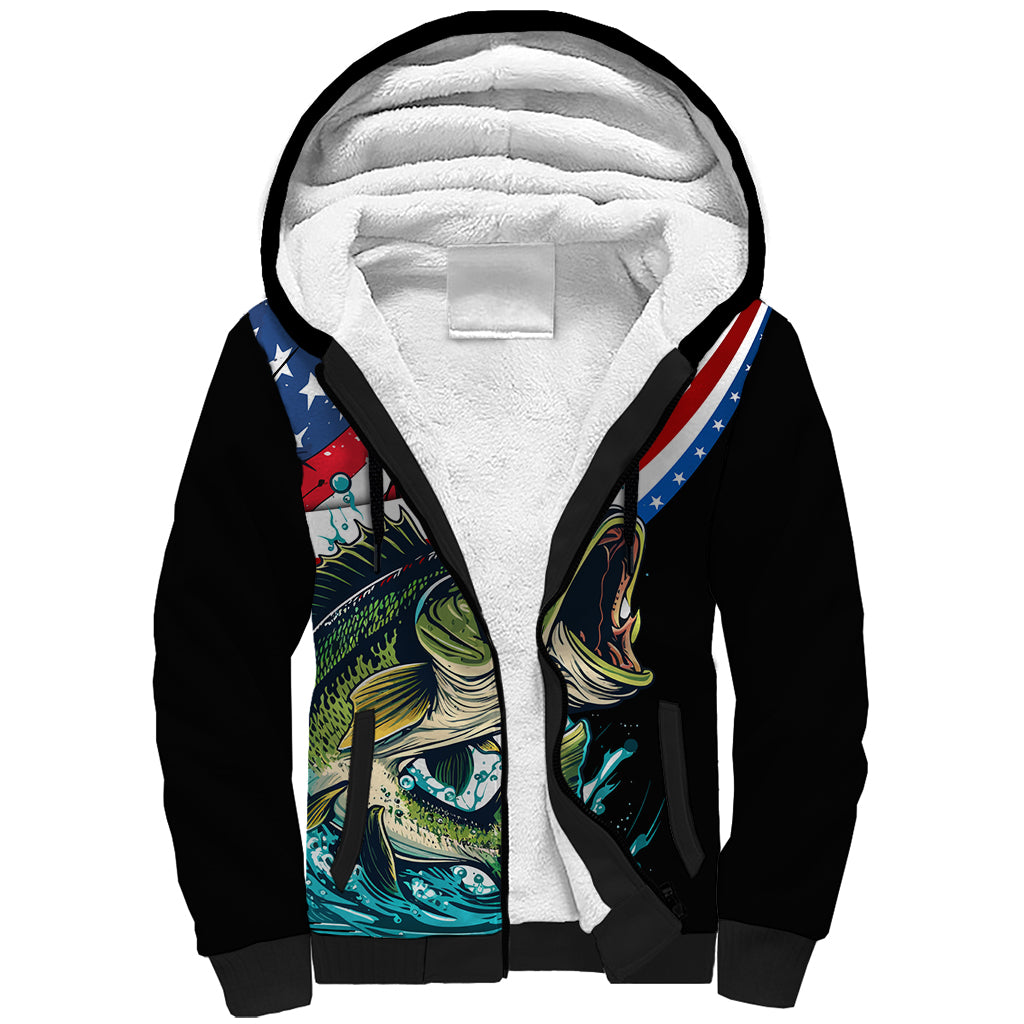 Personalized Bass Fishing Sherpa Hoodie With American Flag - Wonder Print Shop