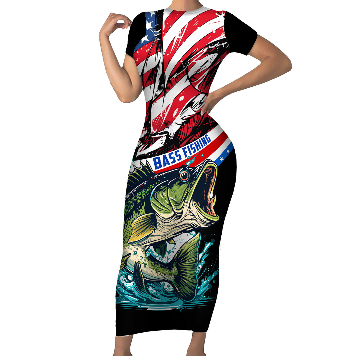 Personalized Bass Fishing Short Sleeve Bodycon Dress With American Flag - Wonder Print Shop