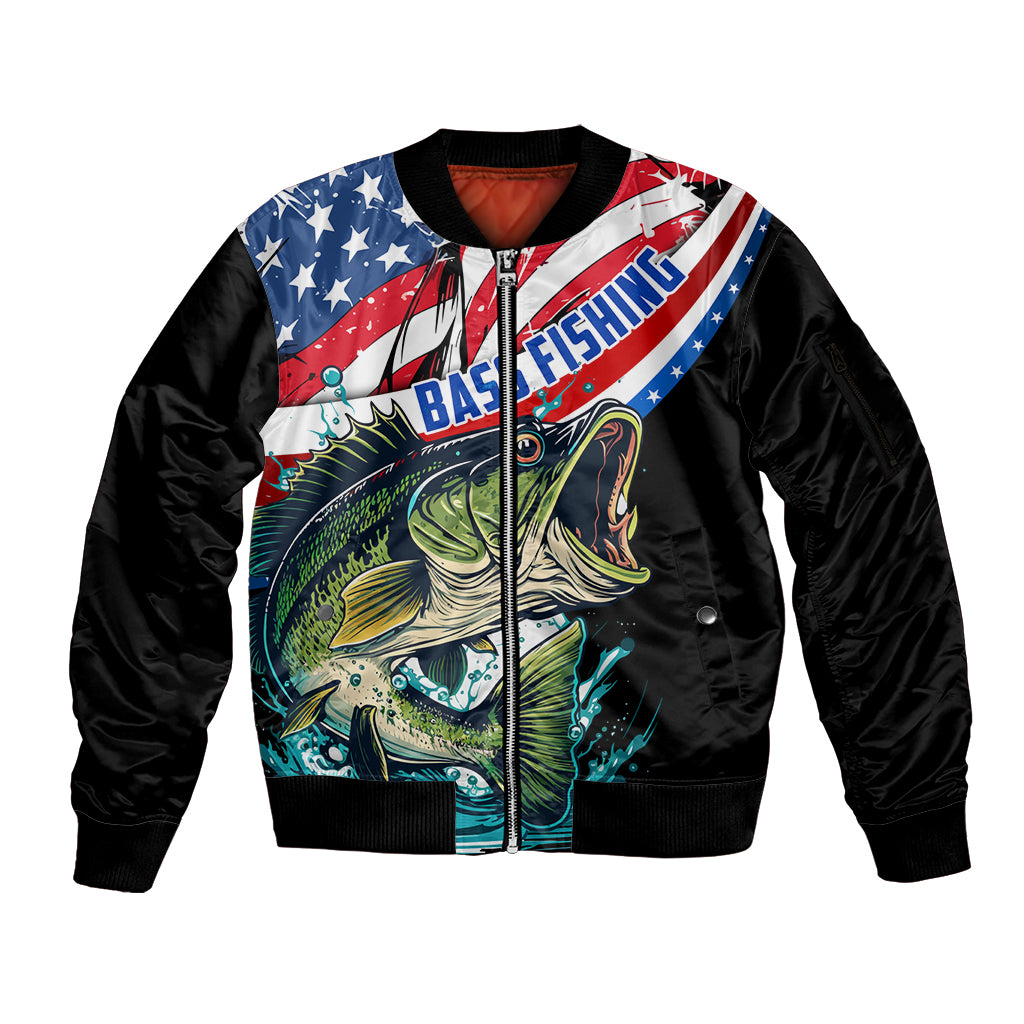 Personalized Bass Fishing Sleeve Zip Bomber Jacket With American Flag - Wonder Print Shop