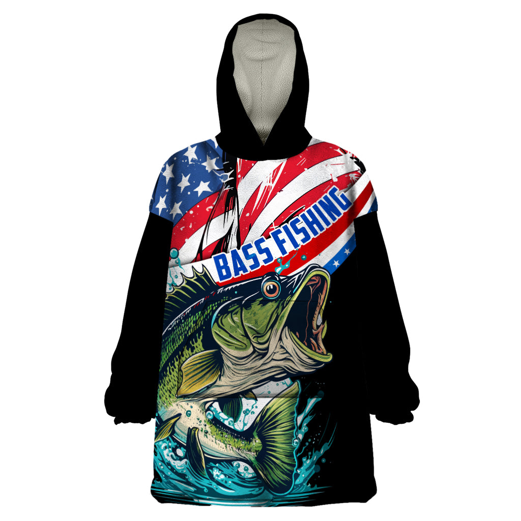 Personalized Bass Fishing Wearable Blanket Hoodie With American Flag - Wonder Print Shop
