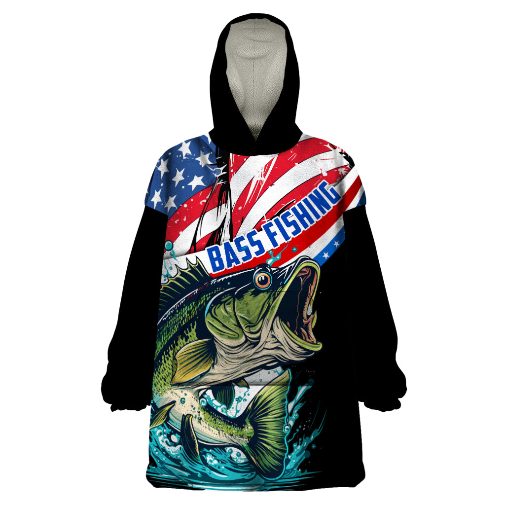 Personalized Bass Fishing Wearable Blanket Hoodie With American Flag