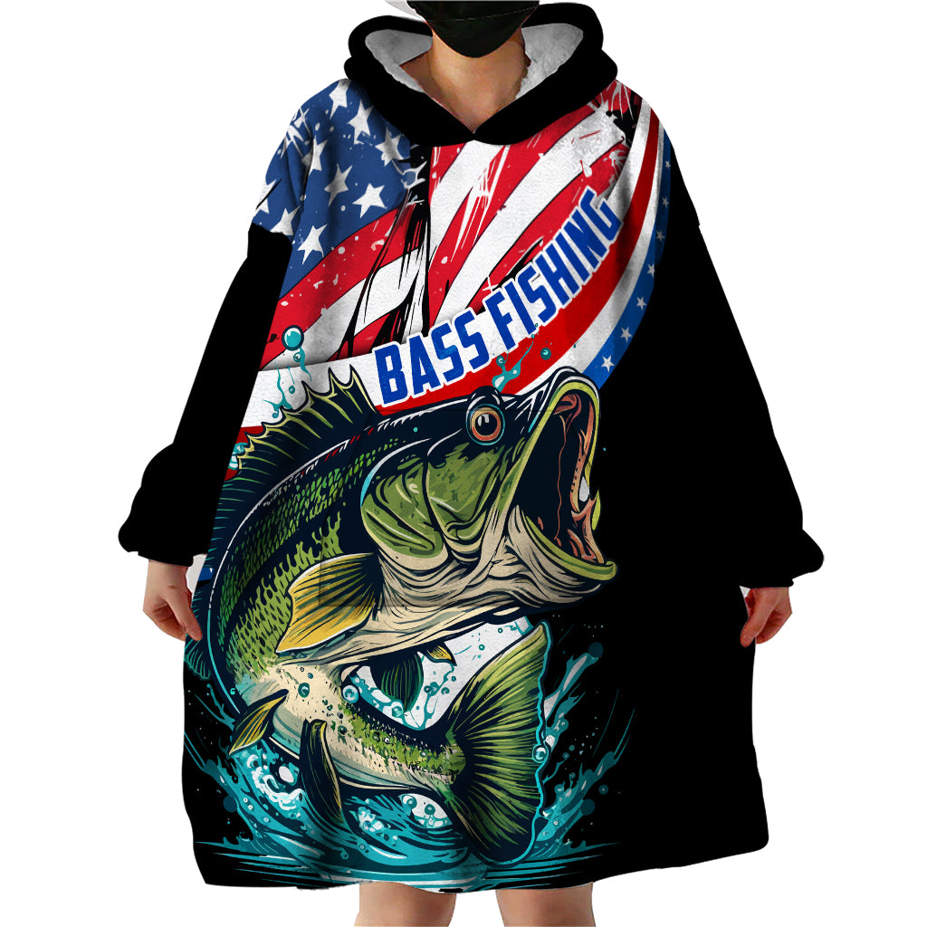 Personalized Bass Fishing Wearable Blanket Hoodie With American Flag - Wonder Print Shop