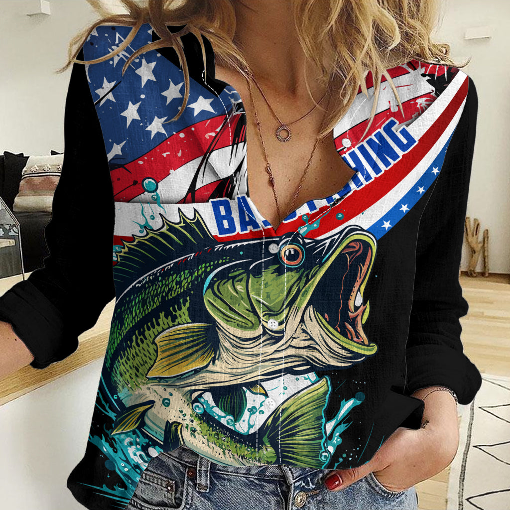 Personalized Bass Fishing Women Casual Shirt With American Flag - Wonder Print Shop