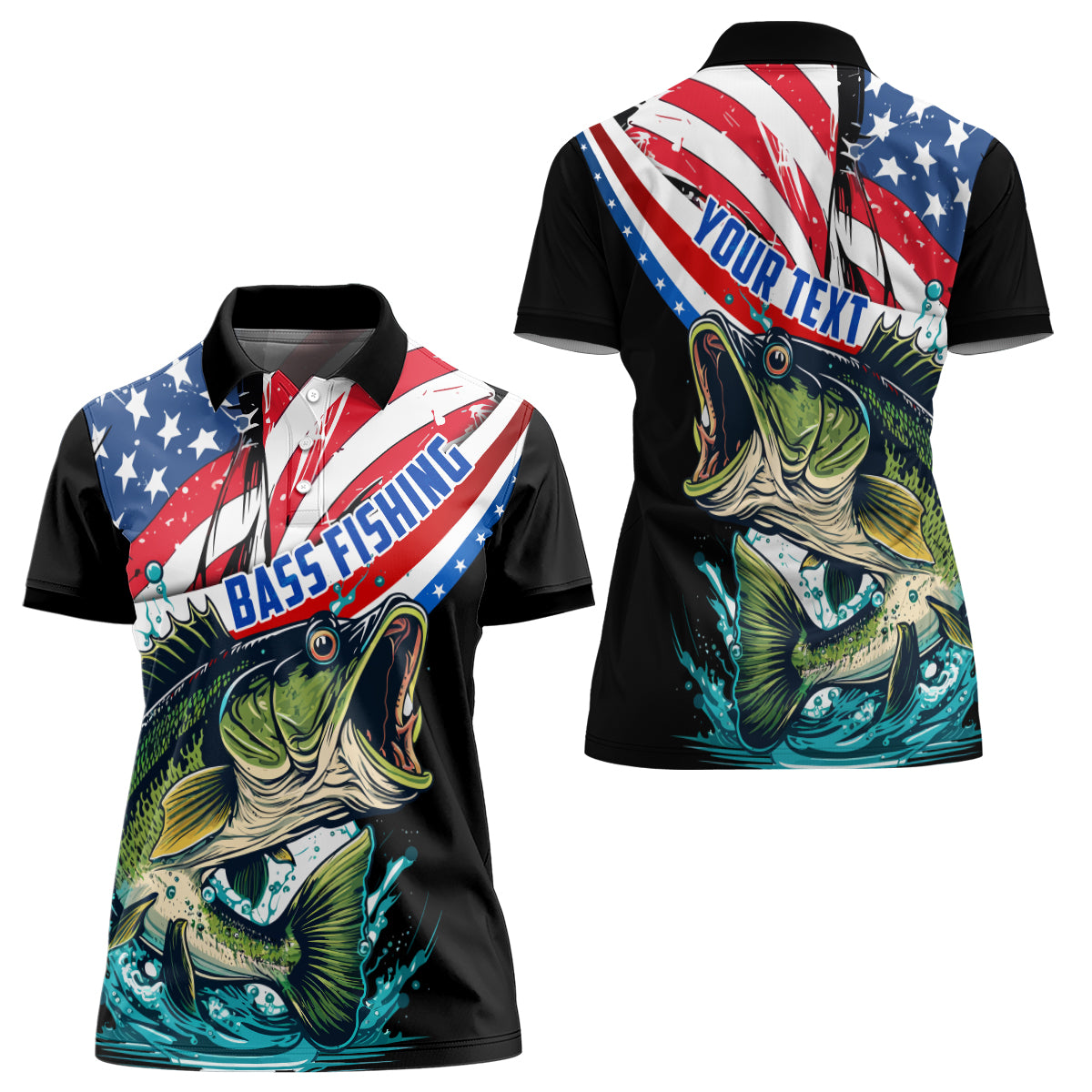 Personalized Bass Fishing Women Polo Shirt With American Flag - Wonder Print Shop