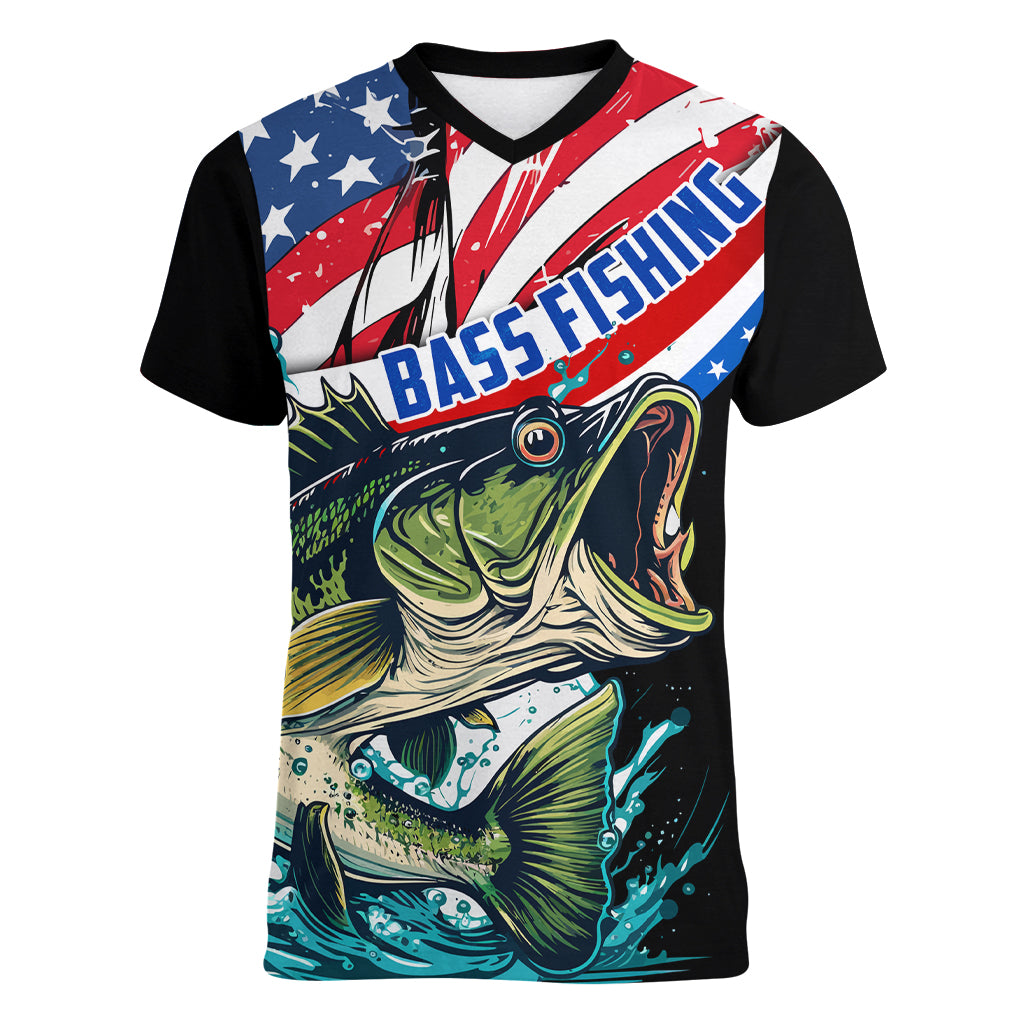 Personalized Bass Fishing Women V-Neck T-Shirt With American Flag - Wonder Print Shop