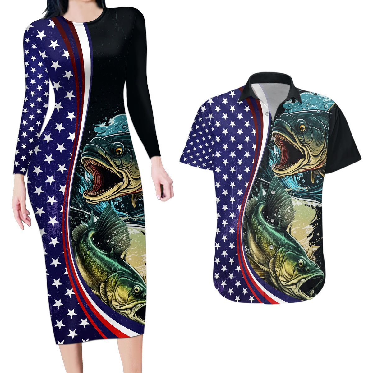 Bass Fishing Couples Matching Long Sleeve Bodycon Dress and Hawaiian Shirt Double Largemouth Bass Old Style - Wonder Print Shop