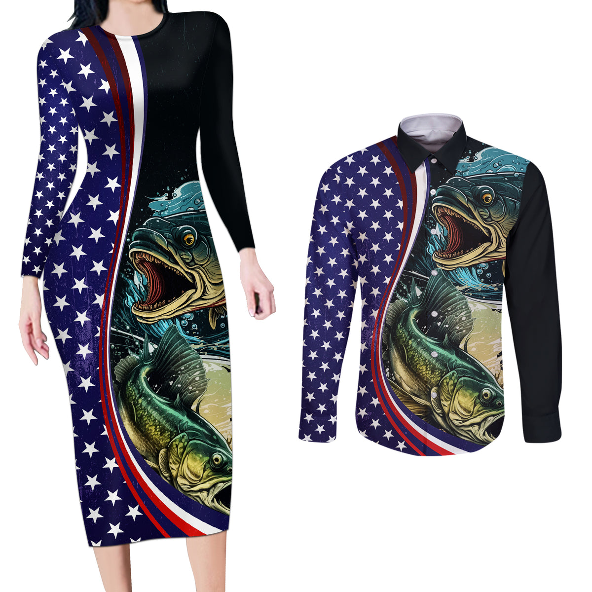 Bass Fishing Couples Matching Long Sleeve Bodycon Dress and Long Sleeve Button Shirt Double Largemouth Bass Old Style - Wonder Print Shop