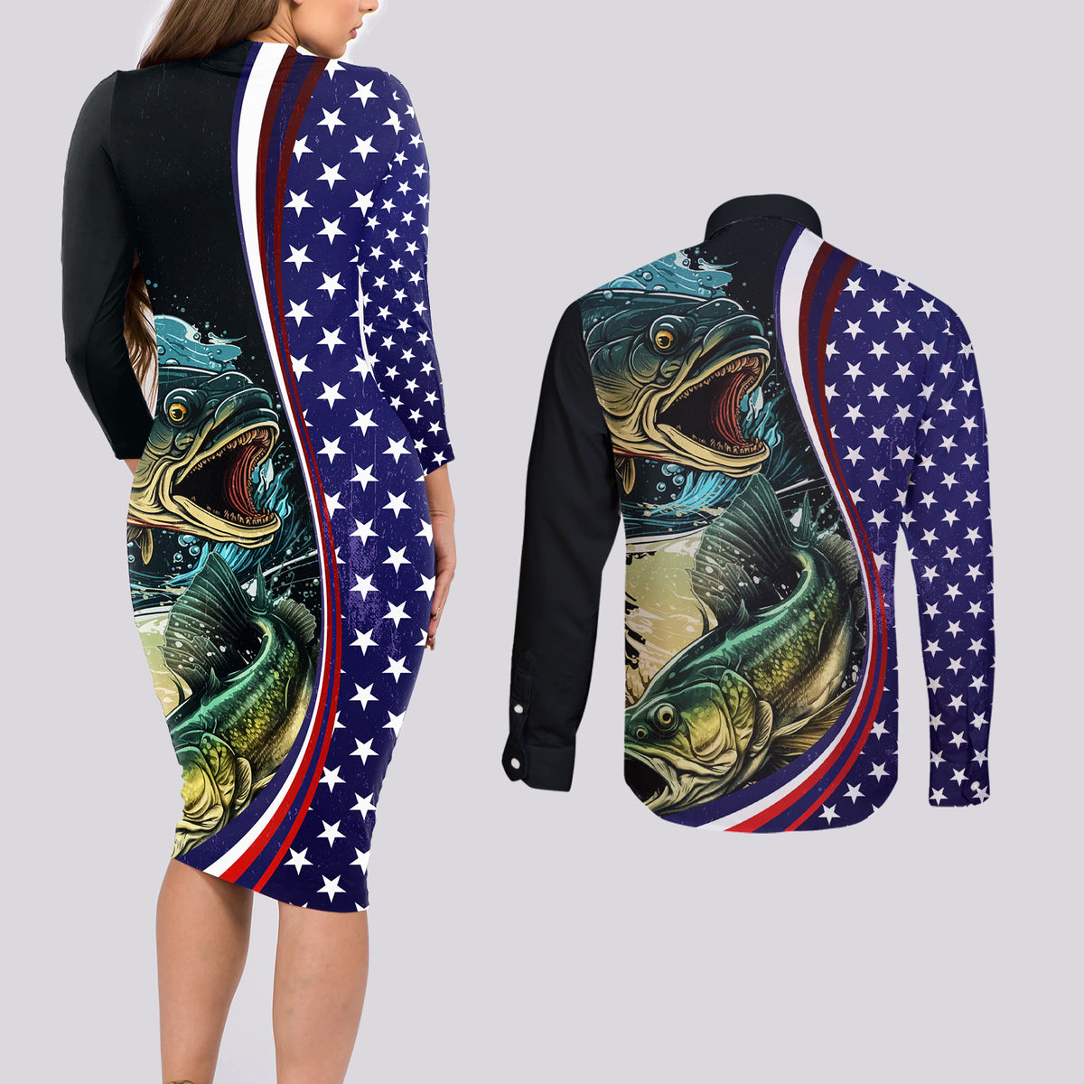 Bass Fishing Couples Matching Long Sleeve Bodycon Dress and Long Sleeve Button Shirt Double Largemouth Bass Old Style - Wonder Print Shop