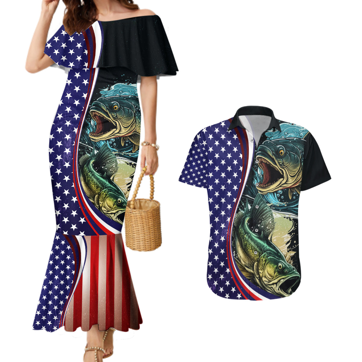 Bass Fishing Couples Matching Mermaid Dress and Hawaiian Shirt Double Largemouth Bass Old Style - Wonder Print Shop