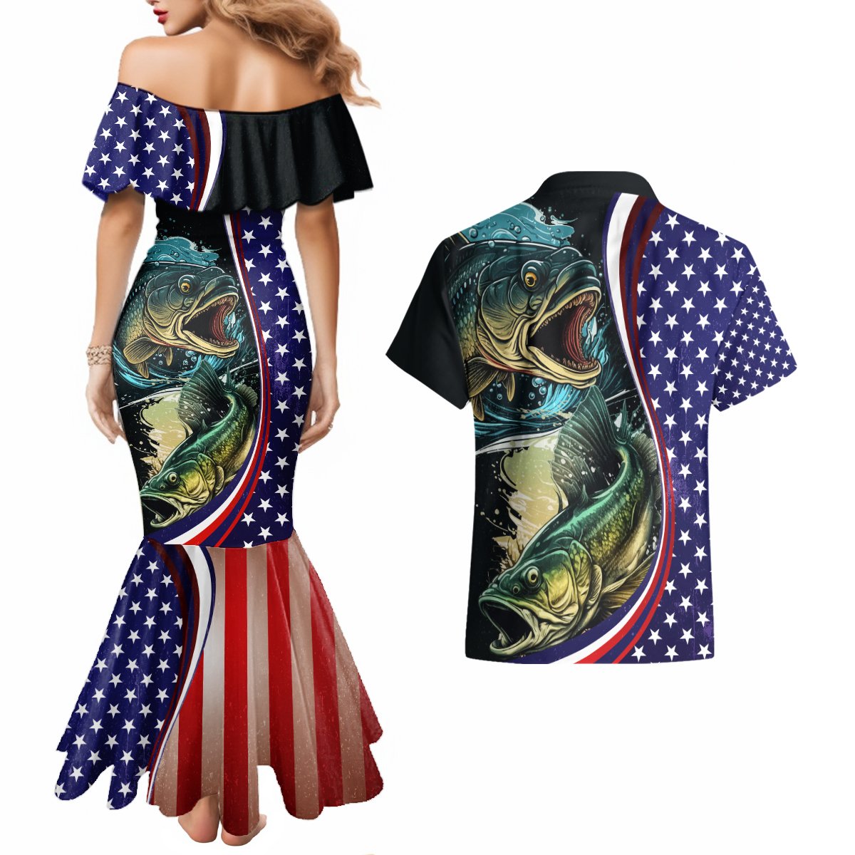 Bass Fishing Couples Matching Mermaid Dress and Hawaiian Shirt Double Largemouth Bass Old Style - Wonder Print Shop