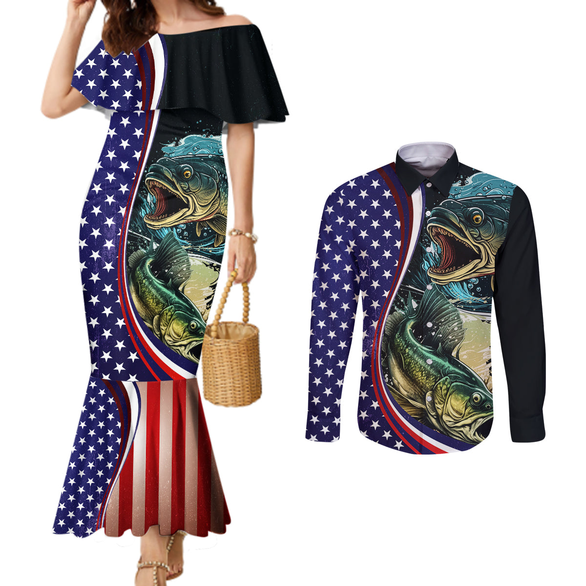 Bass Fishing Couples Matching Mermaid Dress and Long Sleeve Button Shirt Double Largemouth Bass Old Style
