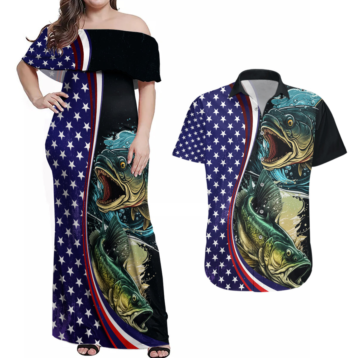 Bass Fishing Couples Matching Off Shoulder Maxi Dress and Hawaiian Shirt Double Largemouth Bass Old Style - Wonder Print Shop
